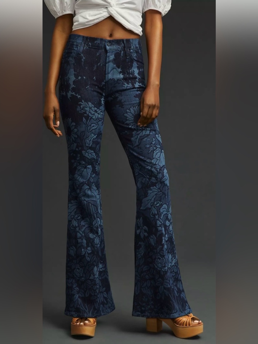 MOTHER The Doozy Sneak Floral Flare Jeans Blue Waist 27